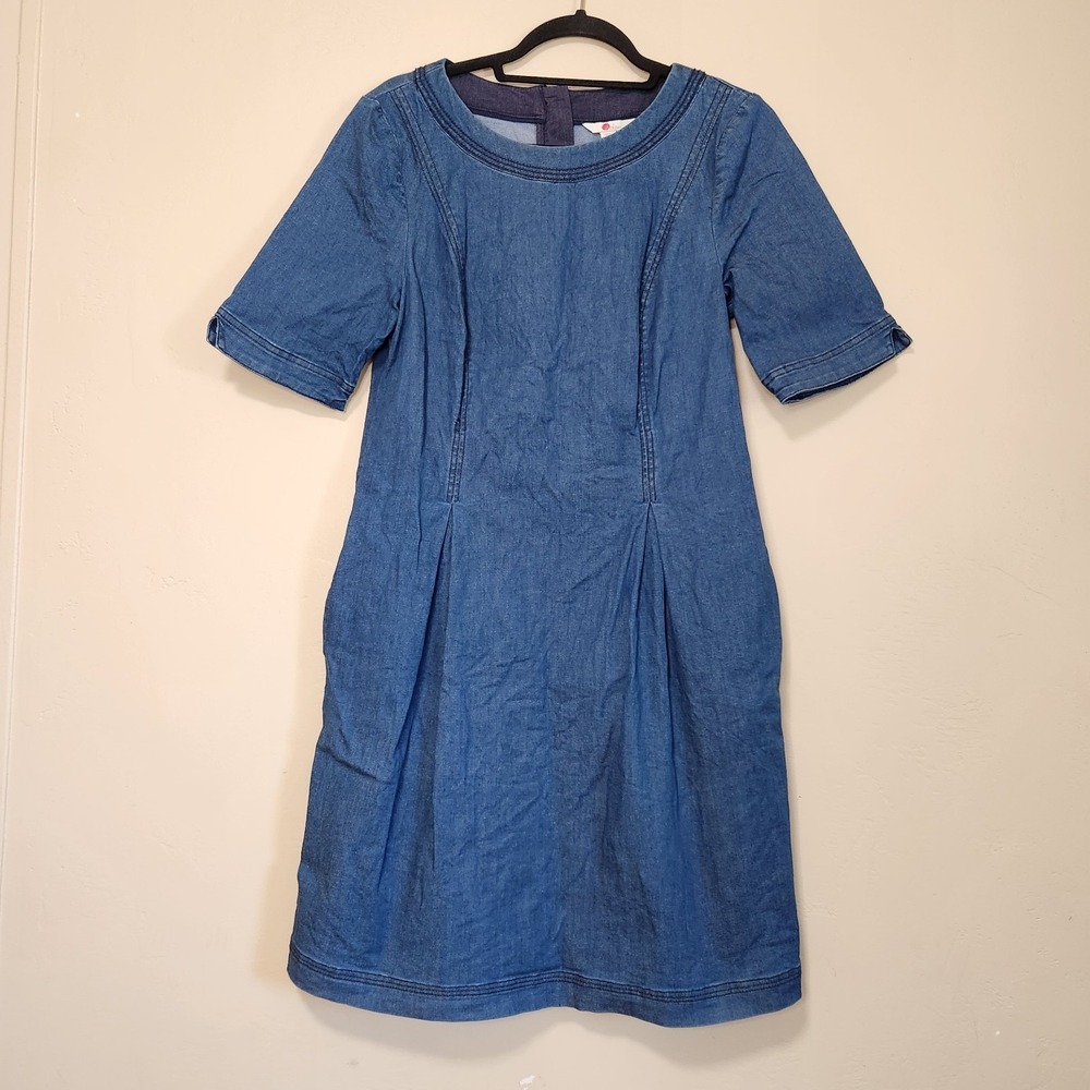 Boden Denim Shift Dress With Pockets Blue Size 8 Pleated